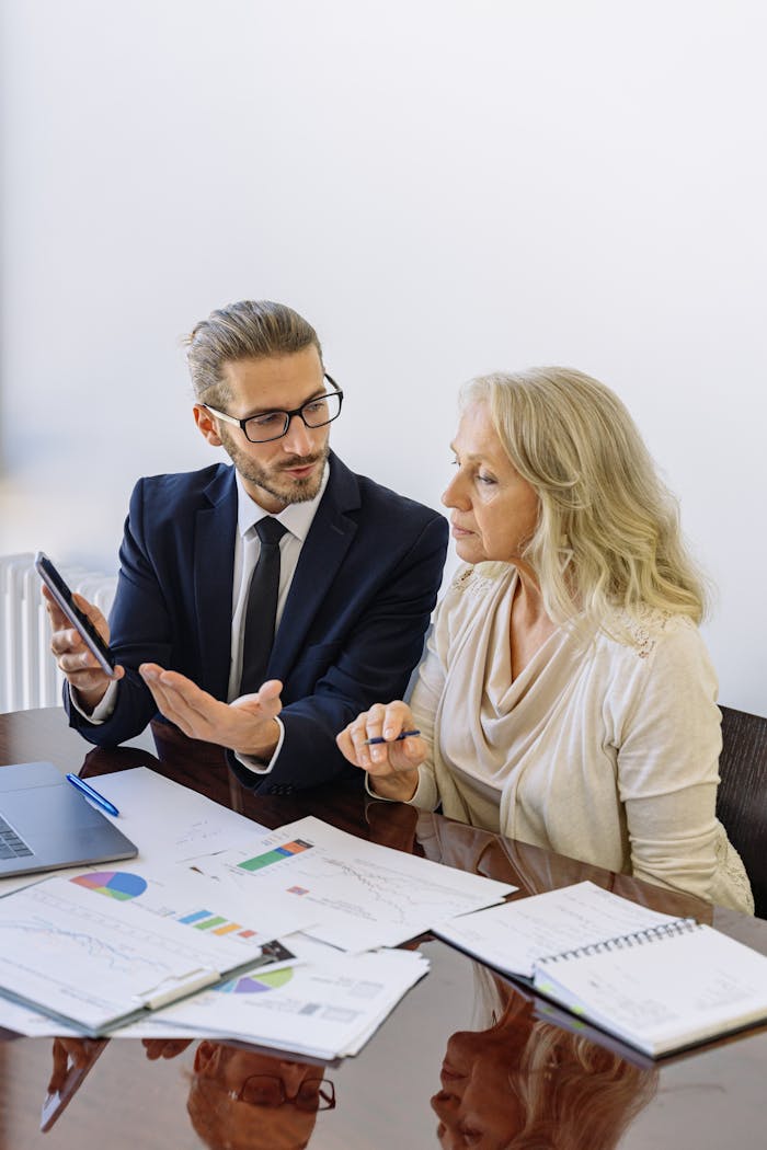 Services Professional business discussion between a consultant and client in an office setting.